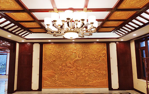 清镇中式别墅客厅中式木作横梁吊顶装饰展示